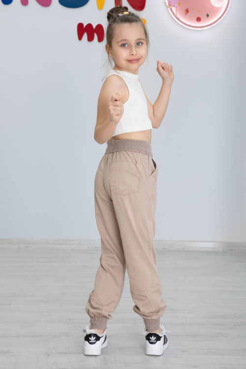 Bej Bel ve Paçası Ribanalı Kız Çocuk Pantolon 20479