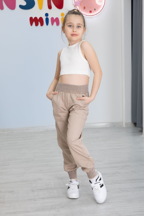 Bej Bel ve Paçası Ribanalı Kız Çocuk Pantolon 20479
