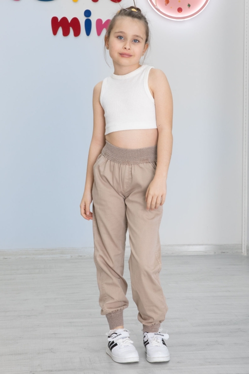 Bej Bel ve Paçası Ribanalı Kız Çocuk Pantolon 20479