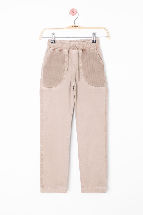 Bej Cebi Dokuma Detaylı Beli Lastikli Erkek Çocuk Keten Pantolon 20417