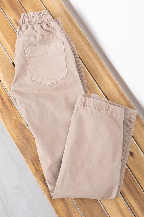 Bej Cebi Dokuma Detaylı Beli Lastikli Erkek Çocuk Keten Pantolon 20417