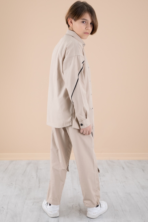 Bej Erkek Çocuk 3lü Takım Tişört Gömlek Pantolon 20232