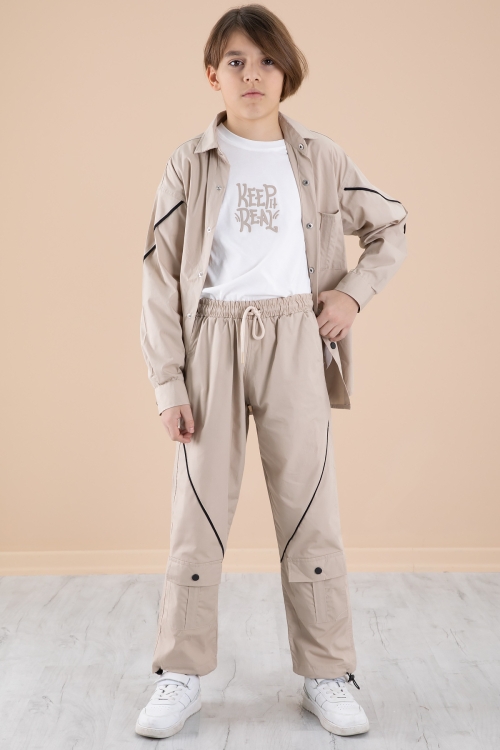 Bej Erkek Çocuk 3lü Takım Tişört Gömlek Pantolon 20232