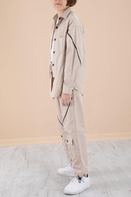 Bej Erkek Çocuk 3lü Takım Tişört Gömlek Pantolon 20232