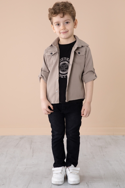 Bej Erkek Çocuk Çıtçıtlı Gömlekli Pantolonlu 3lü Alt Üst Takım 20264