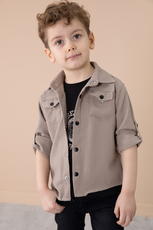 Bej Erkek Çocuk Çıtçıtlı Gömlekli Pantolonlu 3lü Alt Üst Takım 20264