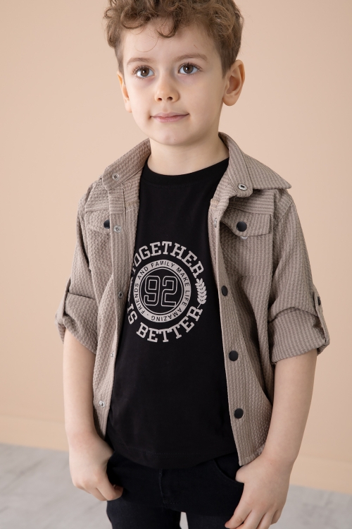 Bej Erkek Çocuk Çıtçıtlı Gömlekli Pantolonlu 3lü Alt Üst Takım 20264