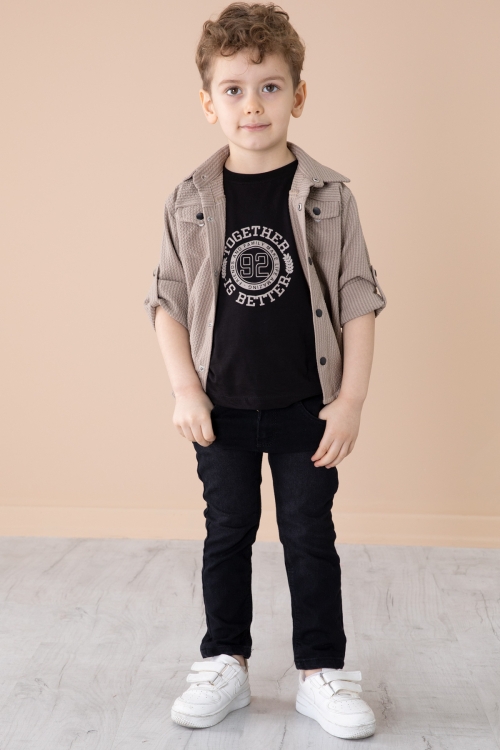 Bej Erkek Çocuk Çıtçıtlı Gömlekli Pantolonlu 3lü Alt Üst Takım 20264