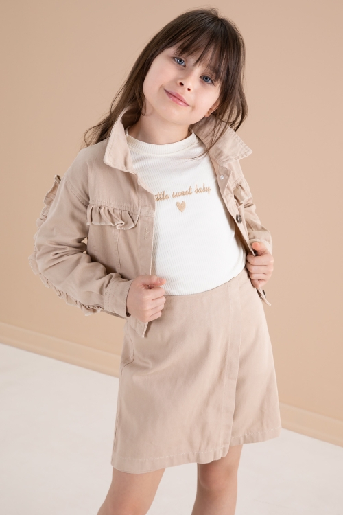 Bej Fırfır Detaylı Jean Ceketli Şort Etekli Kız Çocuk 3lü Takım 20172