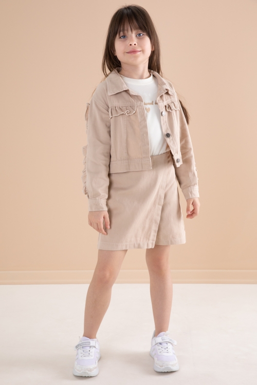 Bej Fırfır Detaylı Jean Ceketli Şort Etekli Kız Çocuk 3lü Takım 20172