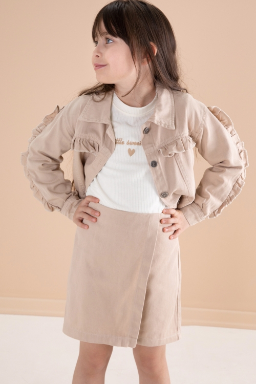 Bej Fırfır Detaylı Jean Ceketli Şort Etekli Kız Çocuk 3lü Takım 20172