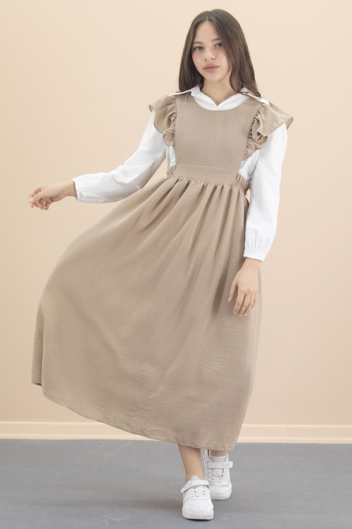 Bej Fırfır Detaylı Uzun Kol Gömlekli Kız Çocuk Uzun Kesim Elbise 20555