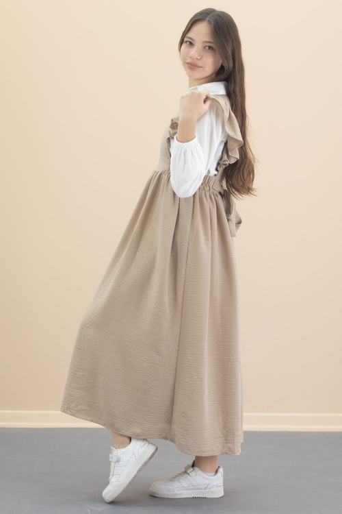 Bej Fırfır Detaylı Uzun Kol Gömlekli Kız Çocuk Uzun Kesim Elbise 20555