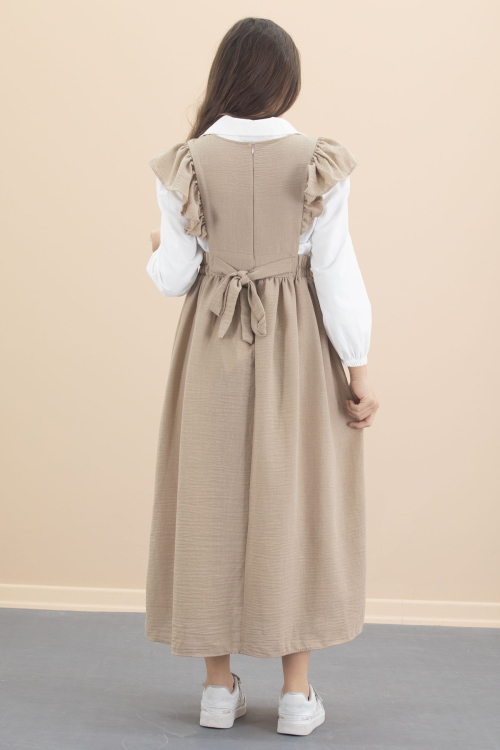 Bej Fırfır Detaylı Uzun Kol Gömlekli Kız Çocuk Uzun Kesim Elbise 20555