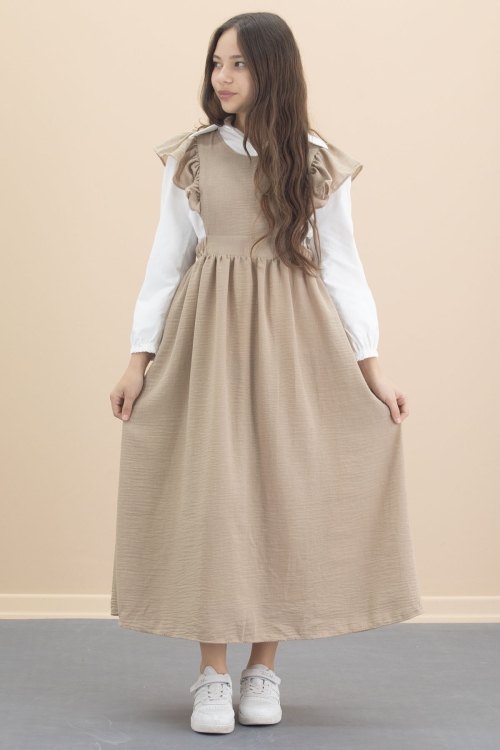 Bej Fırfır Detaylı Uzun Kol Gömlekli Kız Çocuk Uzun Kesim Elbise 20555