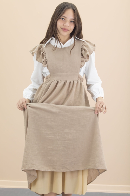Bej Fırfır Detaylı Uzun Kol Gömlekli Kız Çocuk Uzun Kesim Elbise 20555