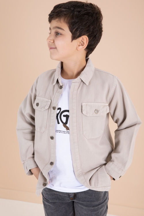 Bej Göğüs Cepli Gömlekli Jean Pantolonlu Erkek Çocuk 3lü Takım 19965