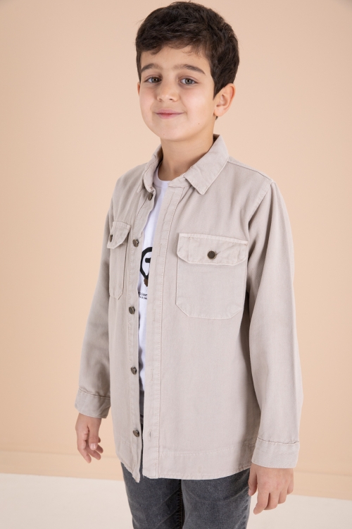 Bej Göğüs Cepli Gömlekli Jean Pantolonlu Erkek Çocuk 3lü Takım 19965
