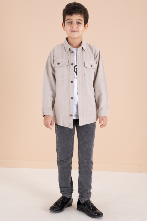 Bej Göğüs Cepli Gömlekli Jean Pantolonlu Erkek Çocuk 3lü Takım 19965