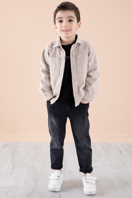 Bej Jean Ceket Yazı Baskılı Erkek Çocuk Pantolonlu 3lü Takım 20312