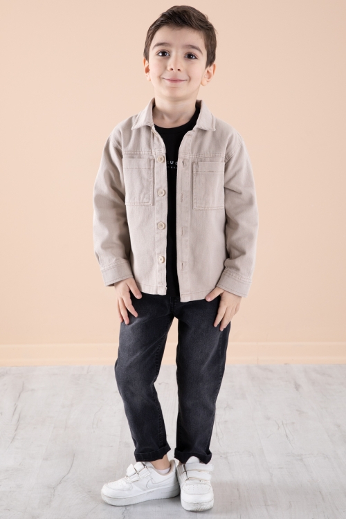 Bej Jean Ceket Yazı Baskılı Erkek Çocuk Pantolonlu 3lü Takım 20312