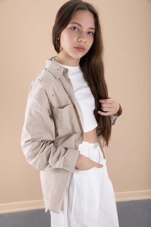 Bej Kız Çocuk Croplu Taşlı Gömlek ve Pantolonlu 3lü Takım 20467