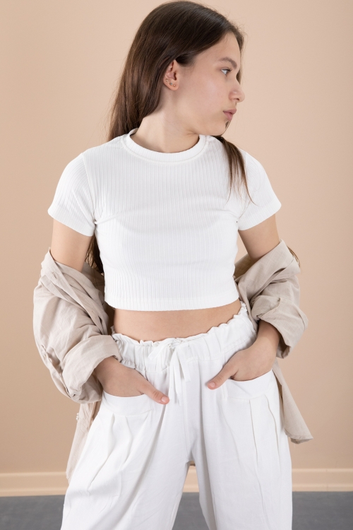 Bej Kız Çocuk Croplu Taşlı Gömlek ve Pantolonlu 3lü Takım 20467