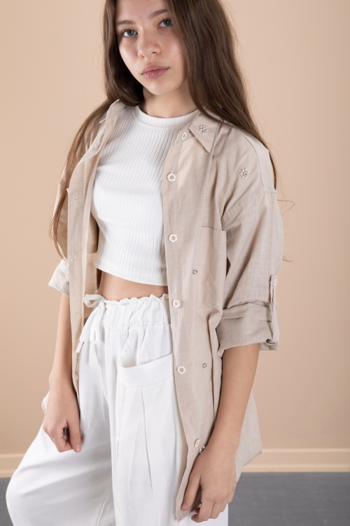 Bej Kız Çocuk Croplu Taşlı Gömlek ve Pantolonlu 3lü Takım 20467