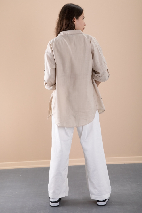 Bej Kız Çocuk Croplu Taşlı Gömlek ve Pantolonlu 3lü Takım 20467