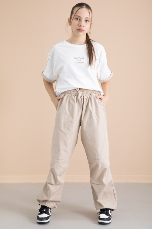 Bej Kız Çocuk Paraşüt Pantolonlu 2li Takım 20392