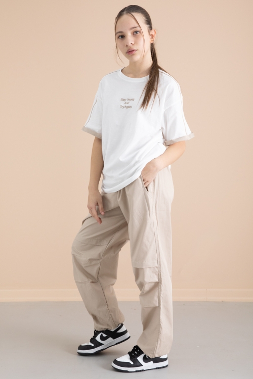 Bej Kız Çocuk Paraşüt Pantolonlu 2li Takım 20392