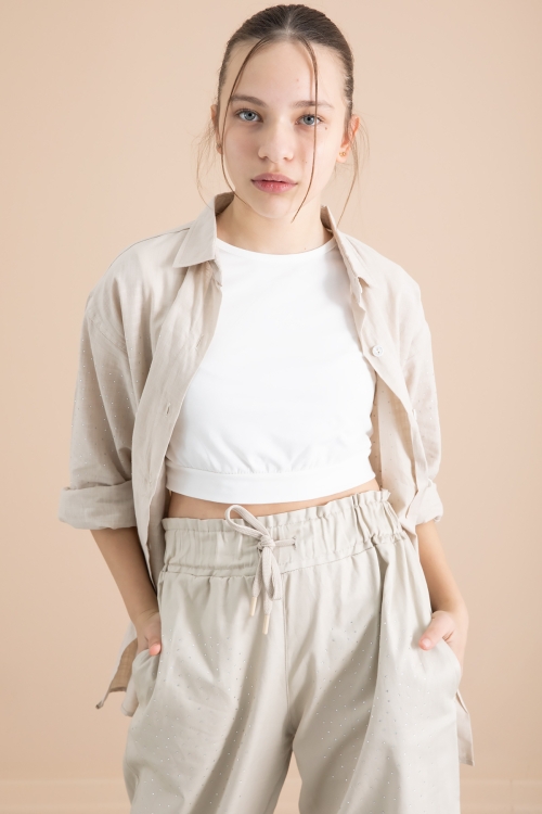 Bej Kız Çocuk Taş Detaylı Croplu 3lü Takım 20387