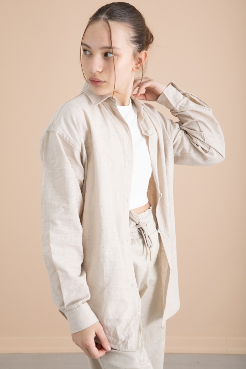 Bej Kız Çocuk Taş Detaylı Croplu 3lü Takım 20387