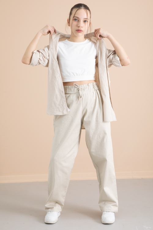 Bej Kız Çocuk Taş Detaylı Croplu 3lü Takım 20387