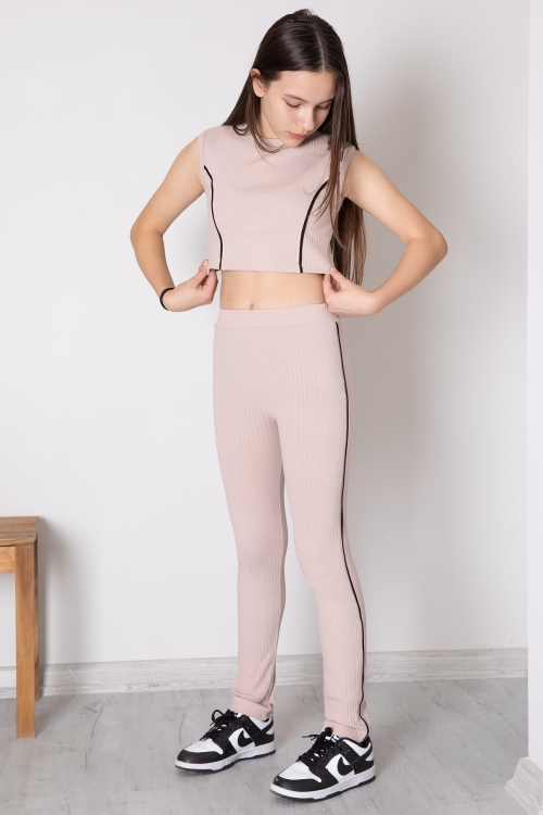 Bej Kız Çocuk Tatylı Croplu 2li Takım 20243