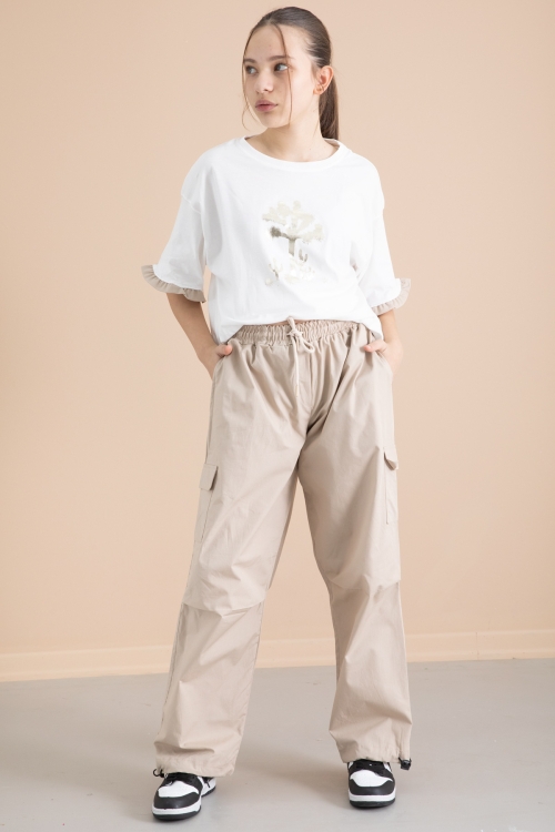 Bej Kız Çocuk Tişört ve Kargo Cepli Pantolonlu 2li Takım 20396