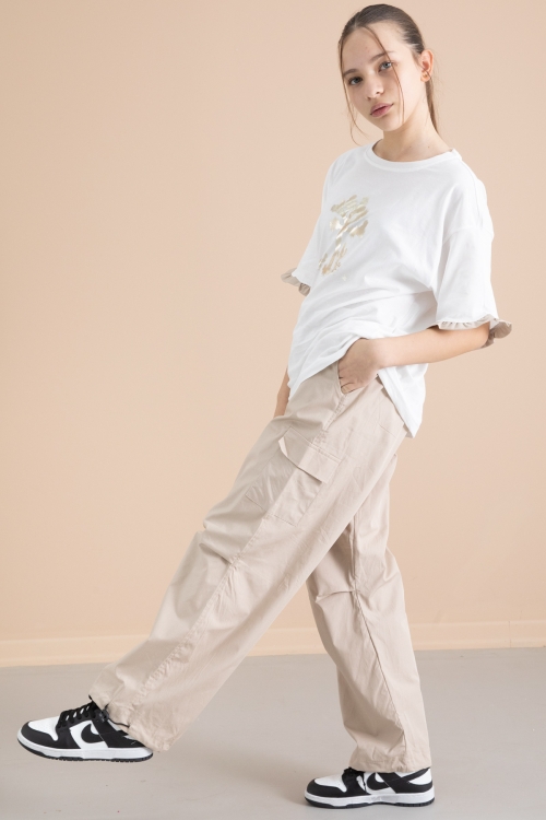 Bej Kız Çocuk Tişört ve Kargo Cepli Pantolonlu 2li Takım 20396