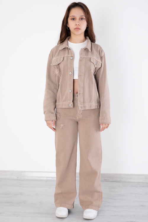 Bej Nakış Detaylı Jean Pantolonlu ve Ceketli Kız Çocuk Takım 20363