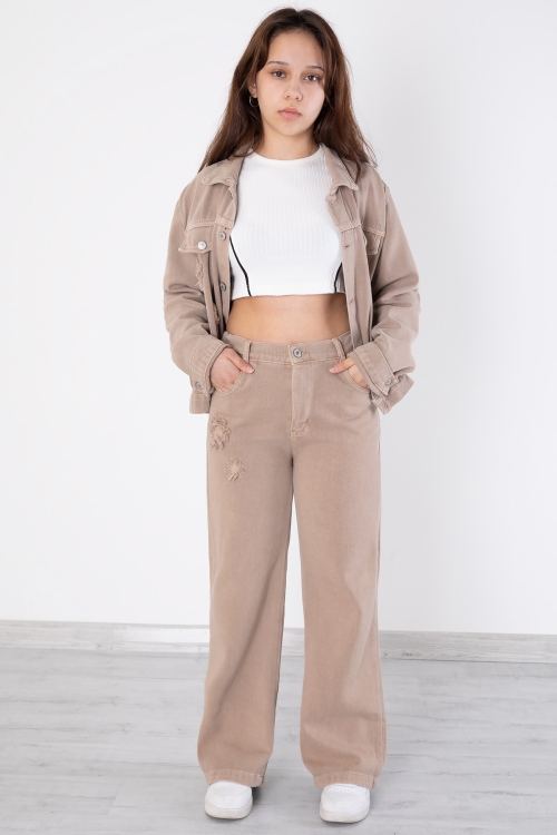 Bej Nakış Detaylı Jean Pantolonlu ve Ceketli Kız Çocuk Takım 20363