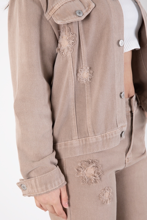 Bej Nakış Detaylı Jean Pantolonlu ve Ceketli Kız Çocuk Takım 20363