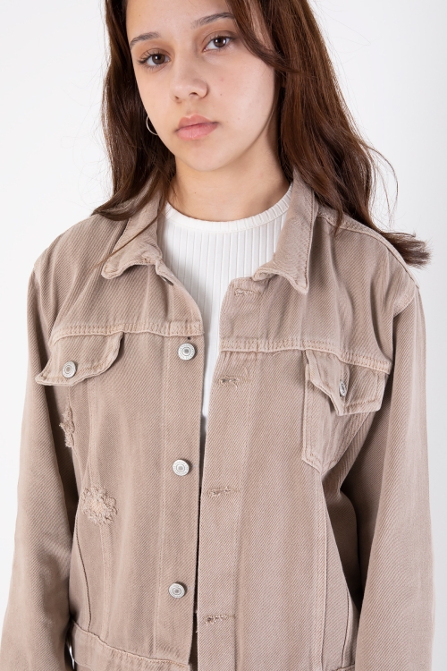 Bej Nakış Detaylı Jean Pantolonlu ve Ceketli Kız Çocuk Takım 20363