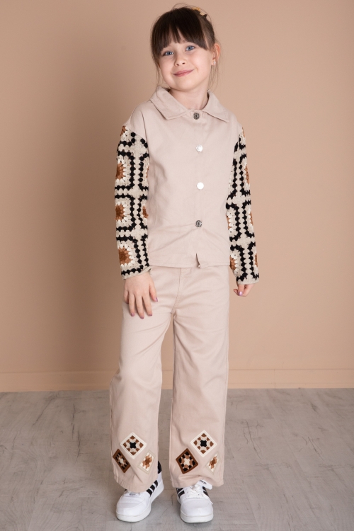 Bej Nakış Detaylı Kolları Dantel Kız Çocuk Alt Üst Takım 20337