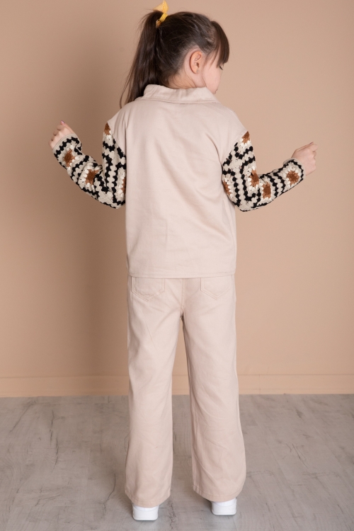 Bej Nakış Detaylı Kolları Dantel Kız Çocuk Alt Üst Takım 20337