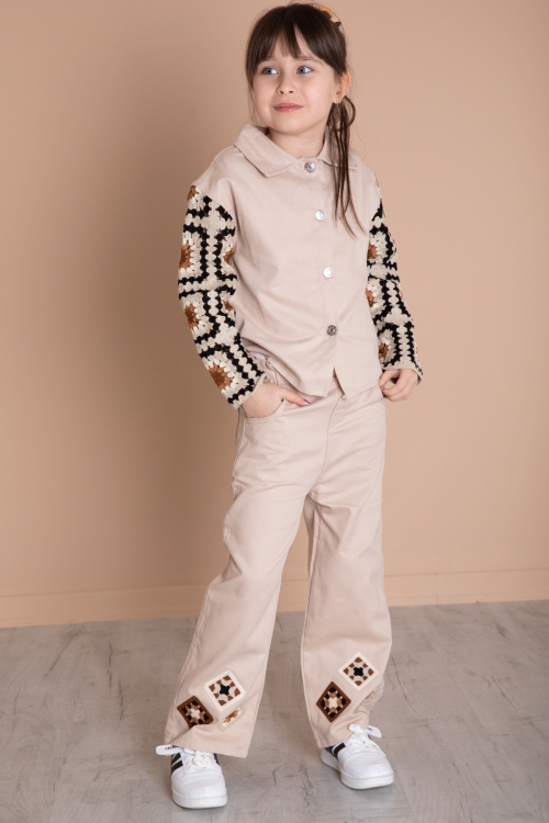 Bej Nakış Detaylı Kolları Dantel Kız Çocuk Alt Üst Takım 20337