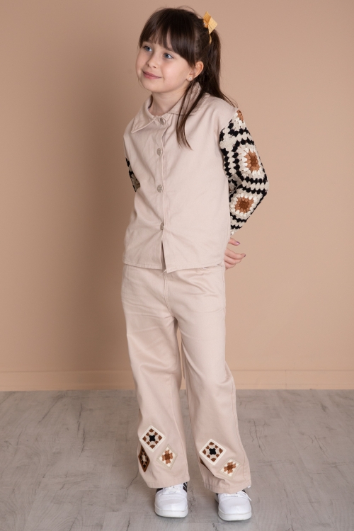 Bej Nakış Detaylı Kolları Dantel Kız Çocuk Alt Üst Takım 20337