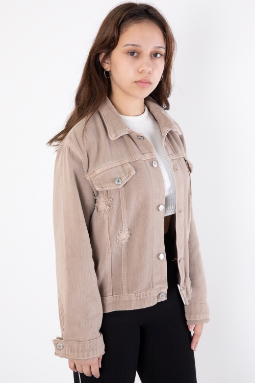 Bej Ön Cepli Nakış Detaylı Kız Çocuk Jean Ceket 20359