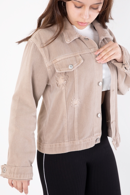 Bej Ön Cepli Nakış Detaylı Kız Çocuk Jean Ceket 20359