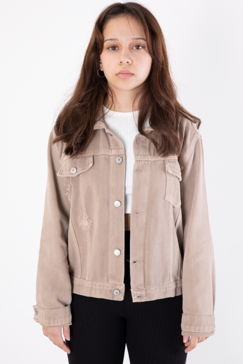 Bej Ön Cepli Nakış Detaylı Kız Çocuk Jean Ceket 20359