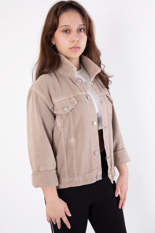 Bej Ön Cepli Nakış Detaylı Kız Çocuk Jean Ceket 20359