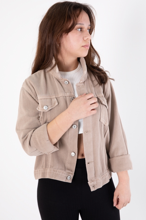Bej Ön Cepli Nakış Detaylı Kız Çocuk Jean Ceket 20359